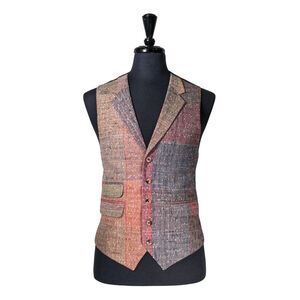 Mens Plaid Vest 42R Multicolor Patchwork Wool Waistcoat Formal Wedding Party